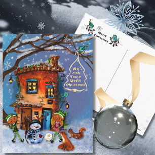 Cartão Postal De Festividades Casa Caprichosa e Amigos da Floresta de Inverno