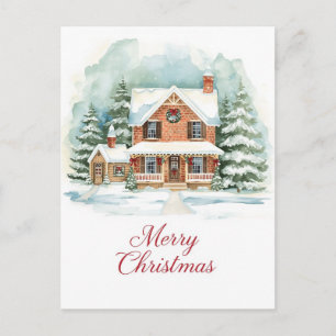 Cartão Postal De Festividades Casa Clássica de Tijolo em Cenário de Natal Nevado