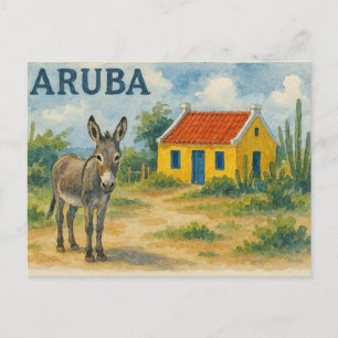 Cartão Postal De Festividades Casa cunucu amarela de Aruba com burro aquarela