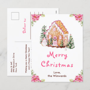 Cartão Postal De Festividades Casa de Biscoito de Natal Rosa Feliz Natal