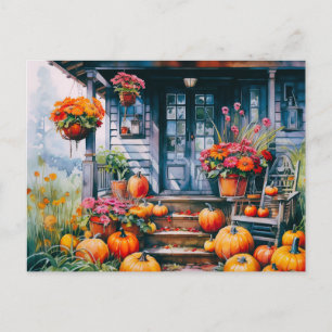 Cartão Postal De Festividades Casa de campo com abóboras e flores no Halloween