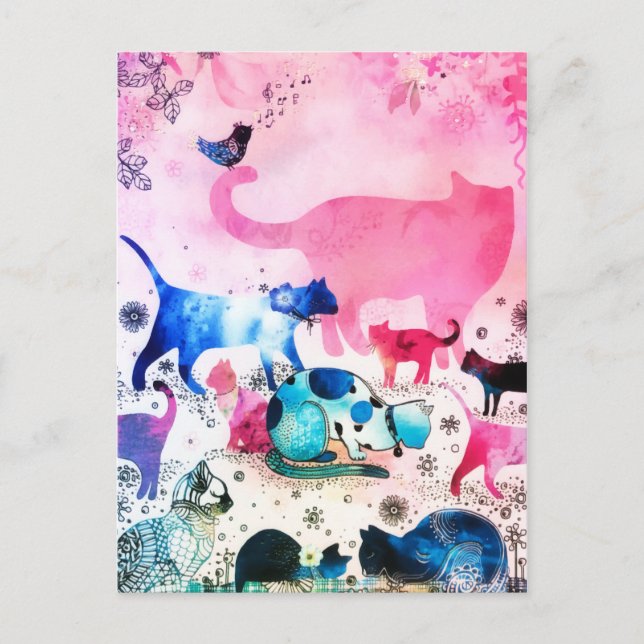 Cartão Postal De Festividades Casa de festa de gato arte brilhante aquarela rosa (Frente)