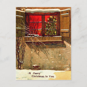 Cartão Postal De Festividades Casa de Inverno Árvore de Natal Iluminada à Vela n
