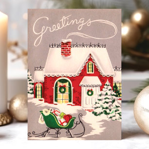 Cartão Postal De Festividades Casa de Natal Antiga na Neve Saudações