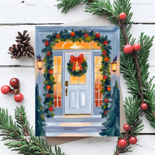 Cartão Postal De Festividades Casa para o Natal   Pintura em Aquarela
