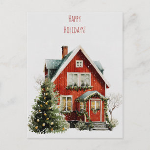 Cartão Postal De Festividades Casa vermelha-espinhosa com decoração festiva