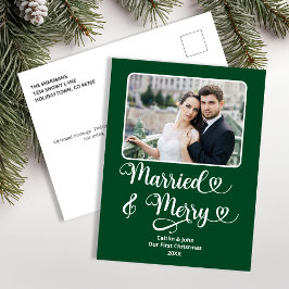 Cartão Postal De Festividades Casados Alegres Recém-Casados 1º Natal Verde Foto