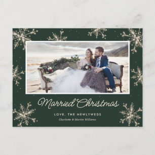 Cartão Postal De Festividades Casados Foto de Natal Floco de Neve Verde Recém-Ca