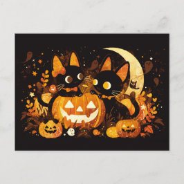 Cartão Postal De Festividades Casal de Gato Preto com Bombeiros e Lua