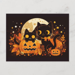 Cartão Postal De Festividades Casal de Gato Preto com Bombeiros e Lua