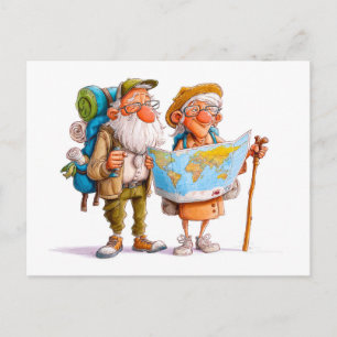 Cartão Postal De Festividades Casal de idosos fazendo trilha com mochilas e bast