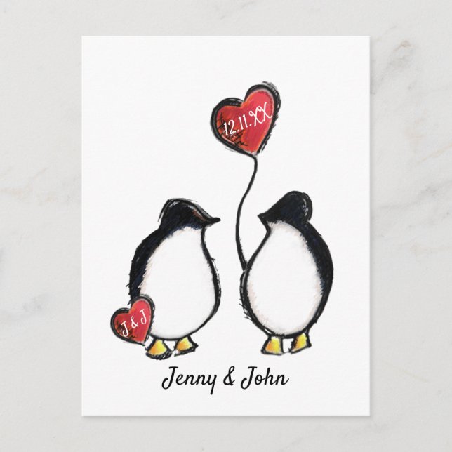 Cartão Postal De Festividades Casamento com pinguins Salve a data (Frente)