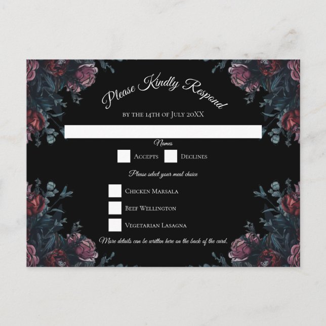 Cartão Postal De Festividades Casamento Floral Negro Elegante Negro Gótico (Frente)