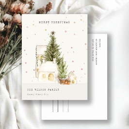 Cartão Postal De Festividades Casas de Árvore Branca de Neve Saudações Feliz de 