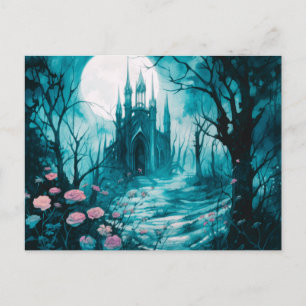 Cartão Postal De Festividades Castelo Gótico Full Moon no Halloween Florestal