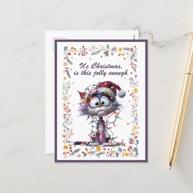 Cartão Postal De Festividades Cat and Lights It's Christmas Is This Jolly Enough (Frente/Verso In Situ)