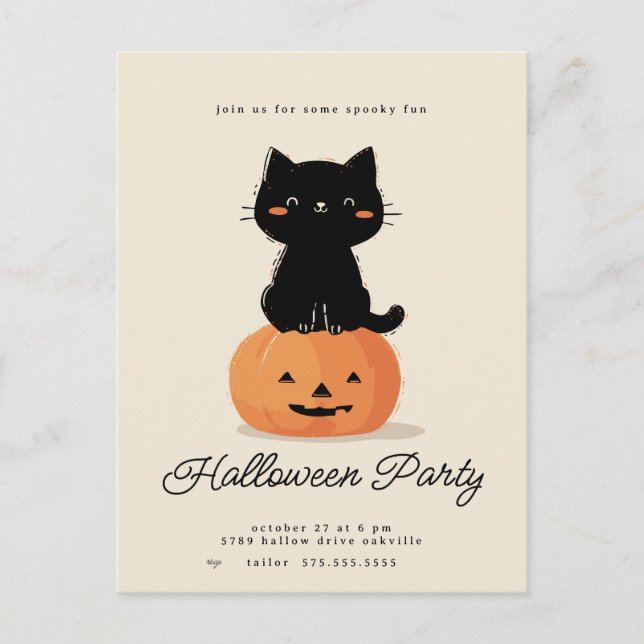Cartão Postal De Festividades Cat and Pumpkin Halloween Party  (Frente)
