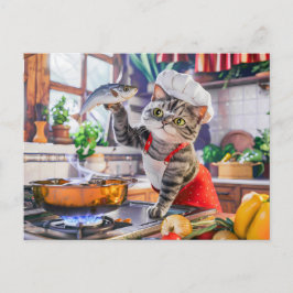 Cartão Postal De Festividades Cat in chef hat cooking with vegetables and fish