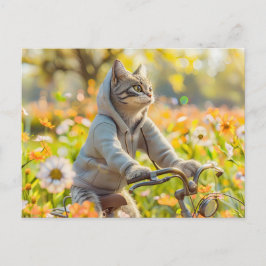 Cartão Postal De Festividades Cat in hoodie cycling across summer meadow