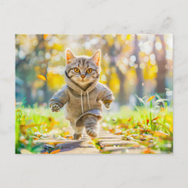 Cartão Postal De Festividades Cat in hoodie jogging through green park