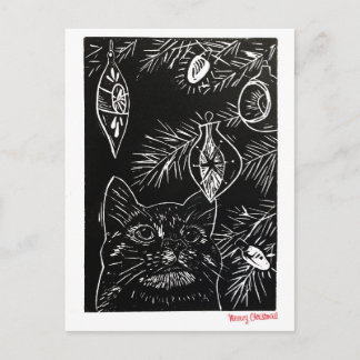 Cartão Postal De Festividades Cat Linocut Christmas Postcard