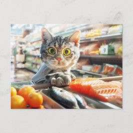 Cartão Postal De Festividades Cat shopping in grocery store with produce