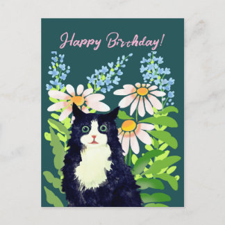 Cartão Postal De Festividades Cat Watercolor Feliz aniversário