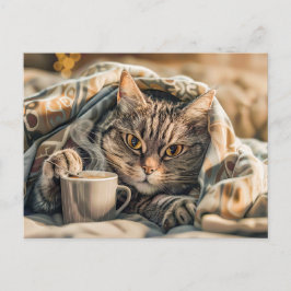 Cartão Postal De Festividades Cat with coffee and book in cozy blanket