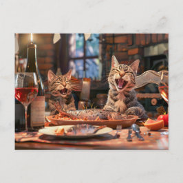 Cartão Postal De Festividades Cats dining on fish with wine indoors