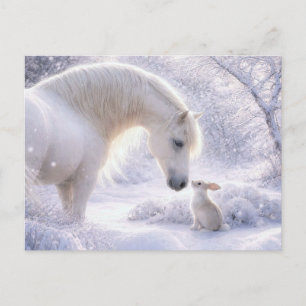 Cartão Postal De Festividades Cavalo Branco e Coelho Neve Natal 