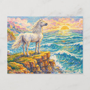 Cartão Postal De Festividades Cavalo Branco Majestoso no Penhasco do Pôr do Sol