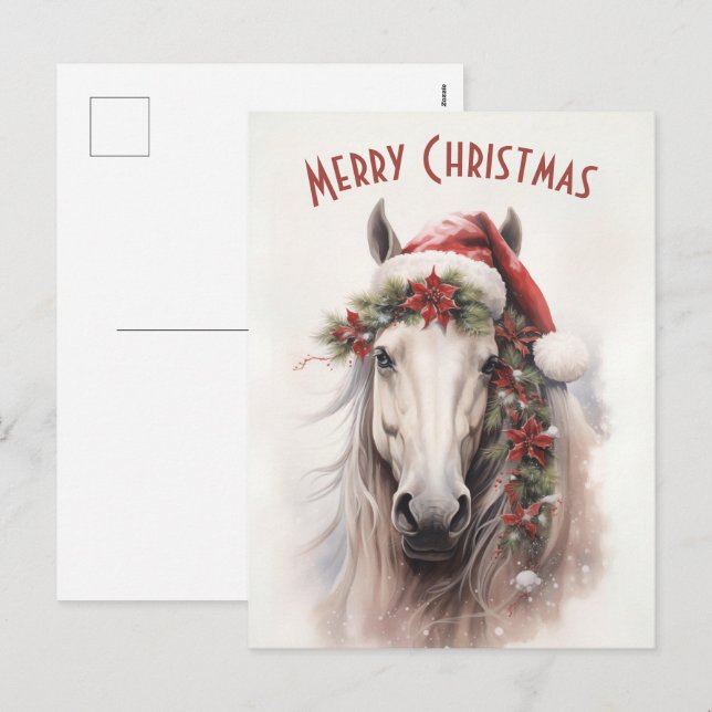 Cartão Postal De Festividades Cavalo Branco Santa Hat Red Poinsettias Natal (Frente/Verso)