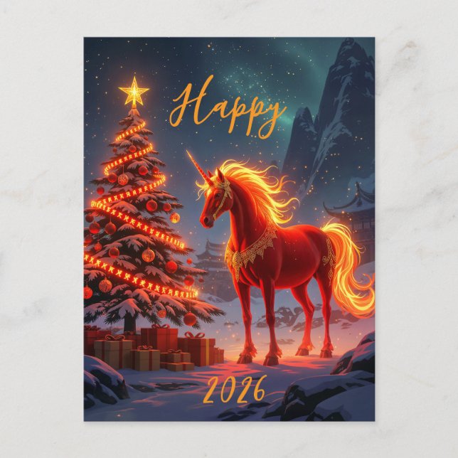 Cartão Postal De Festividades Cavalo de Fogo Vermelho Chinês Ano Novo 2026 (Frente)