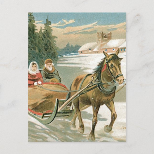 Cartão Postal De Festividades Cavalo de Natal e Sleigh (Frente)