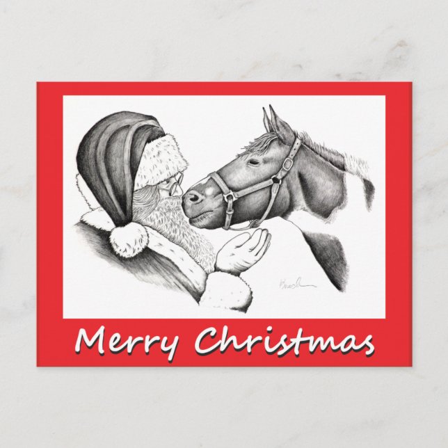 Cartão Postal De Festividades Cavalo do Natal e Saanta Claus (Frente)