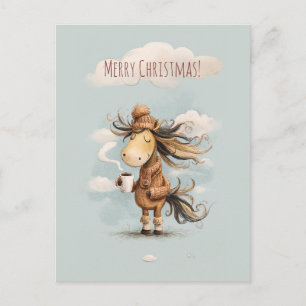 Cartão Postal De Festividades Cavalo feliz desfruta de uma bebida quente, feriad
