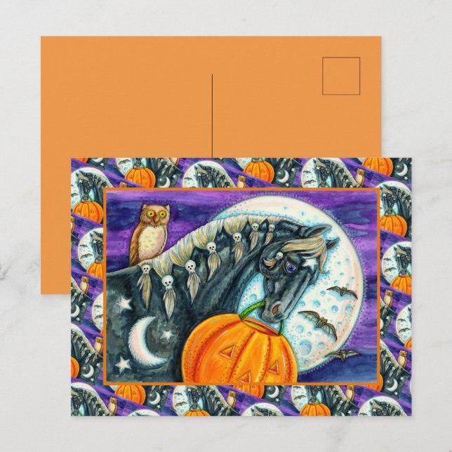 CARTÃO POSTAL DE FESTIVIDADES CAVALO MÁGICO PRETO, OWL, JACK O LANTERN & SKULLS (Frente/Verso)