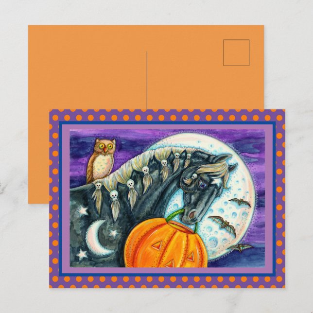 CARTÃO POSTAL DE FESTIVIDADES CAVALO MÁGICO PRETO, OWL, JACK O LANTERN & SKULLS (Frente/Verso)