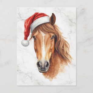 Cartão Postal De Festividades Cavalo Majestoso com Chapéu de Papai Noel em Aquar