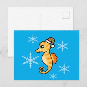 Cartão Postal De Festividades Cavalo-Marinho Fofo de Natal Floco de Neve Festa