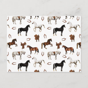 Cartão Postal De Festividades Cavalos Aquarela Ferradura Selas de Cavalo