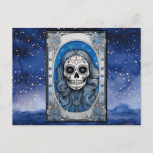 Cartão Postal De Festividades Caveira de Cabelo Azul Noite Estrelada Halloween