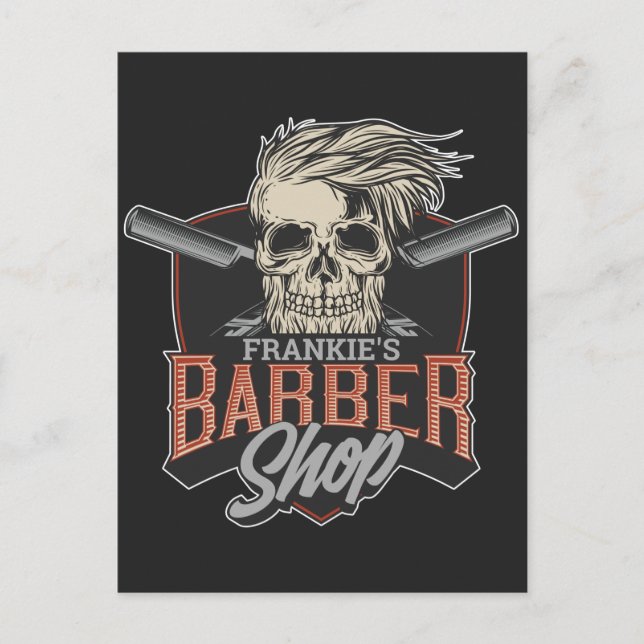 Cartão Postal De Festividades Caveira e Navalhas do Hipster de Barber Personaliz (Frente)