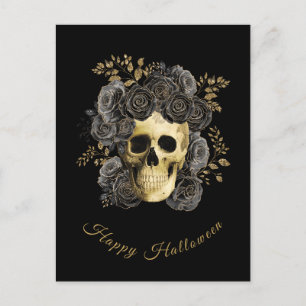Cartão Postal De Festividades Caveira Gótica Preto & Rosas Glitter Dourado Hallo