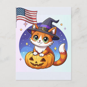 Cartão Postal De Festividades Celebração Gatinha Bruxa Kawaii Abóbora de Hallowe