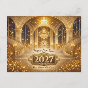 Cartão Postal De Festividades Célebre Ano Novo Cristão 2027 Radiante em Ouro