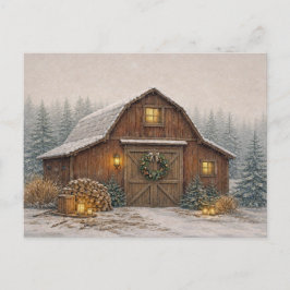 Cartão Postal De Festividades Celeiro Rústico de Natal com Aquarela Neutra e Mor