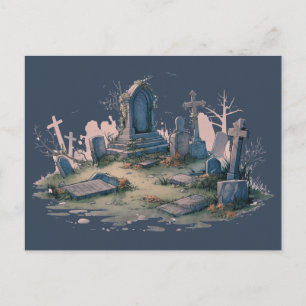 Cartão Postal De Festividades Cemitério Assustador Cinza Azul Escuro Halloween