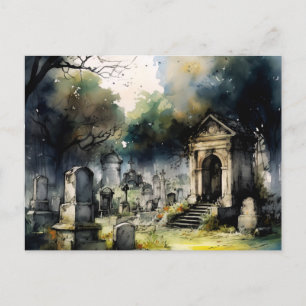 Cartão Postal De Festividades Cemitério Cinza Assustador e Bonito de Halloween