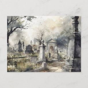 Cartão Postal De Festividades Cemitério Cinza Assustador e Bonito no Halloween